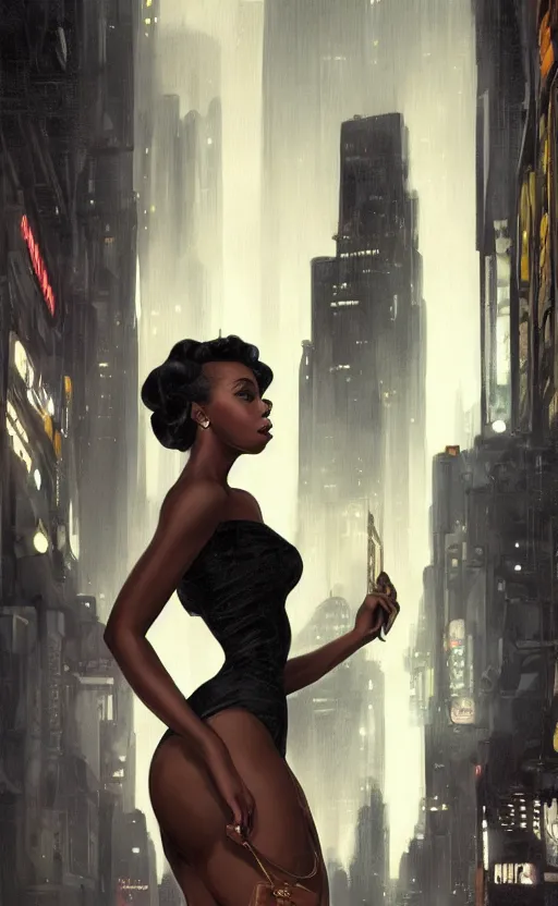 Prompt: an attractive young Black woman, clothed like a 1940s femme fatale, intricate, elegant, highly detailed, digital painting, film noir lighting, Blade Runner city background, trending on artstation, concept art, smooth, sharp focus, illustration, art by artgerm and greg rutkowski and alphonse mucha