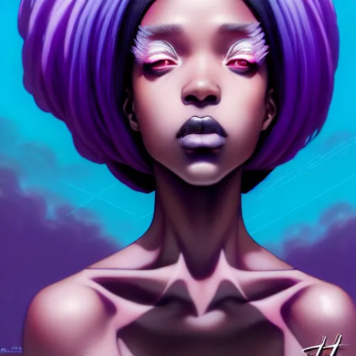 Image similar to portrait of a black anime manga girl, french bob hair, white hair, purple colored eyes, by artgerm, james jean, tom bagshaw, gerald brom, vaporwave colors, lofi colors, vaporwave, lofi, goth vibe, 4 k, smooth, hd, substance designer render, full body character concept art, symmetrical, 2 point lighting,