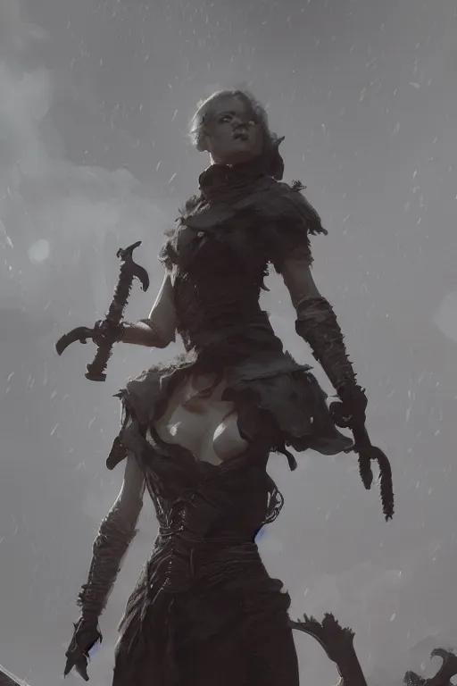 Image similar to of a short muscular women by Greg Rutkowski, Sung Choi, Mitchell Mohrhauser, Maciej Kuciara, Johnson Ting, Maxim Verehin, Peter Konig, Bloodborne , 8k photorealistic, cinematic lighting, HD, high details, atmospheric , trending on artstation