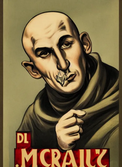 Image similar to portrait of glamorous bald medieval man with big nose and annoyed gesture,look of hate, threatening pose, 1940s propaganda poster, full hd,highly detailed