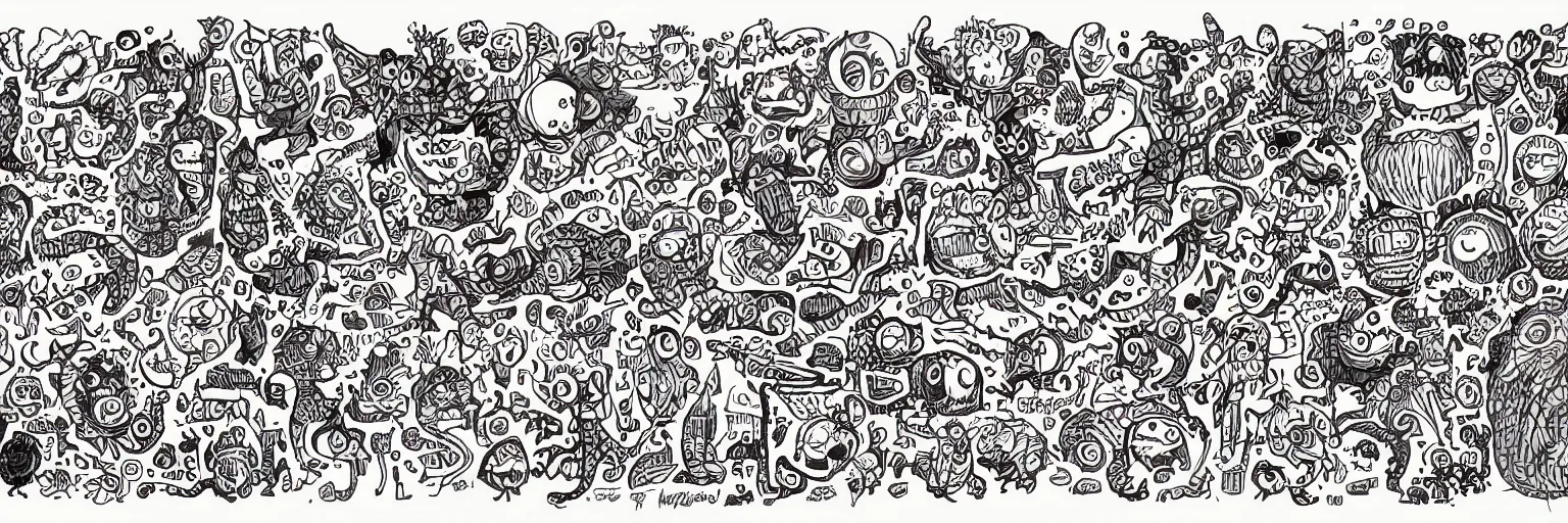 Image similar to monster colored doodle art, character sheet, fine details, concept design, colored, contrast, kerby rosanes, the doodle boy, trending on artstation, 8 k, ultra wide angle