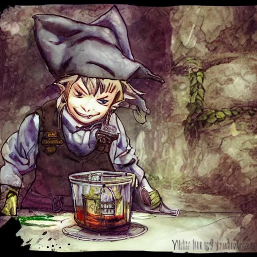 Prompt: Gnome Alchemist distilling botanicals, drawn by Yoji Shinkawa, water color, Dungeons and Dragons, Wizards of the Coast