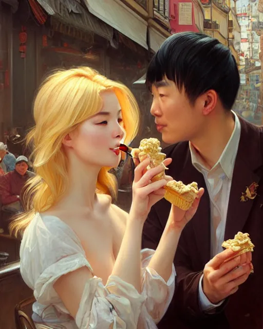 Prompt: Portrait of a  blonde lady and a Chinese man eating ice creams in Porto,real life skin, intricate, elegant, highly detailed, artstation, concept art, smooth, sharp focus, art by artgerm and greg rutkowski and alphonse mucha
