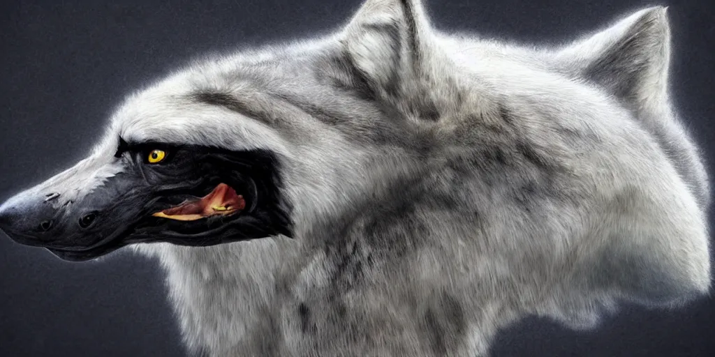 Prompt: a wolf merged with a! crow,! photorealistic, white background
