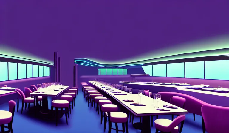 Image similar to a beautiful, sharp focus, clean lines. the interior of an art deco undersea restaurant. vaporwave ombre rendering. outrun style. trending on artstation. recommended for you behance. by chris moore. by edward hopper. ambient occlusion. digital matte painting. metropolis filmic. gotham city.