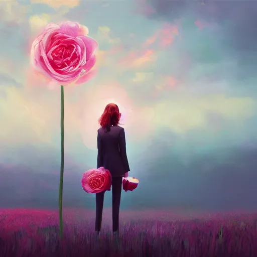 Image similar to giant rose flower head, frontal, girl in a suit, surreal photography, sunrise, dramatic light, impressionist painting, digital painting, artstation, simon stalenhag