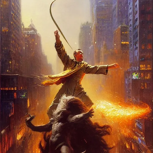 Prompt: stunning male master wizard fighting invading aliens in new york city by his thunder spell, highly detailed painting by gaston bussiere, craig mullins, j. c. leyendecker, 8 k