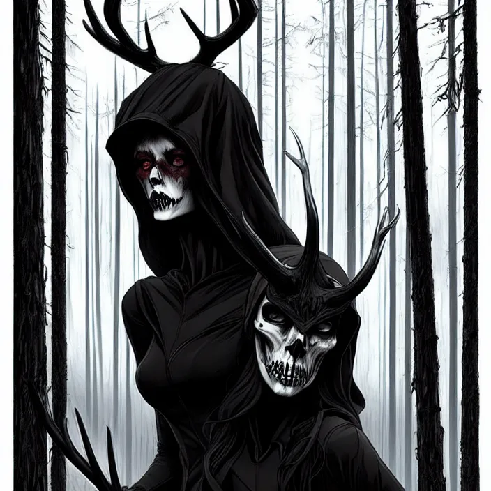 Prompt: style artgerm, joshua middleton, diego fazio, rafael albuquerque : : scary wendigo with antlers and skull face mixed with werewolf : : [ [ beautiful witch wearing a black dress, symmetrical face, on the right side ] ] : : in the forest, detailed, dark and foggy, cinematic lighting