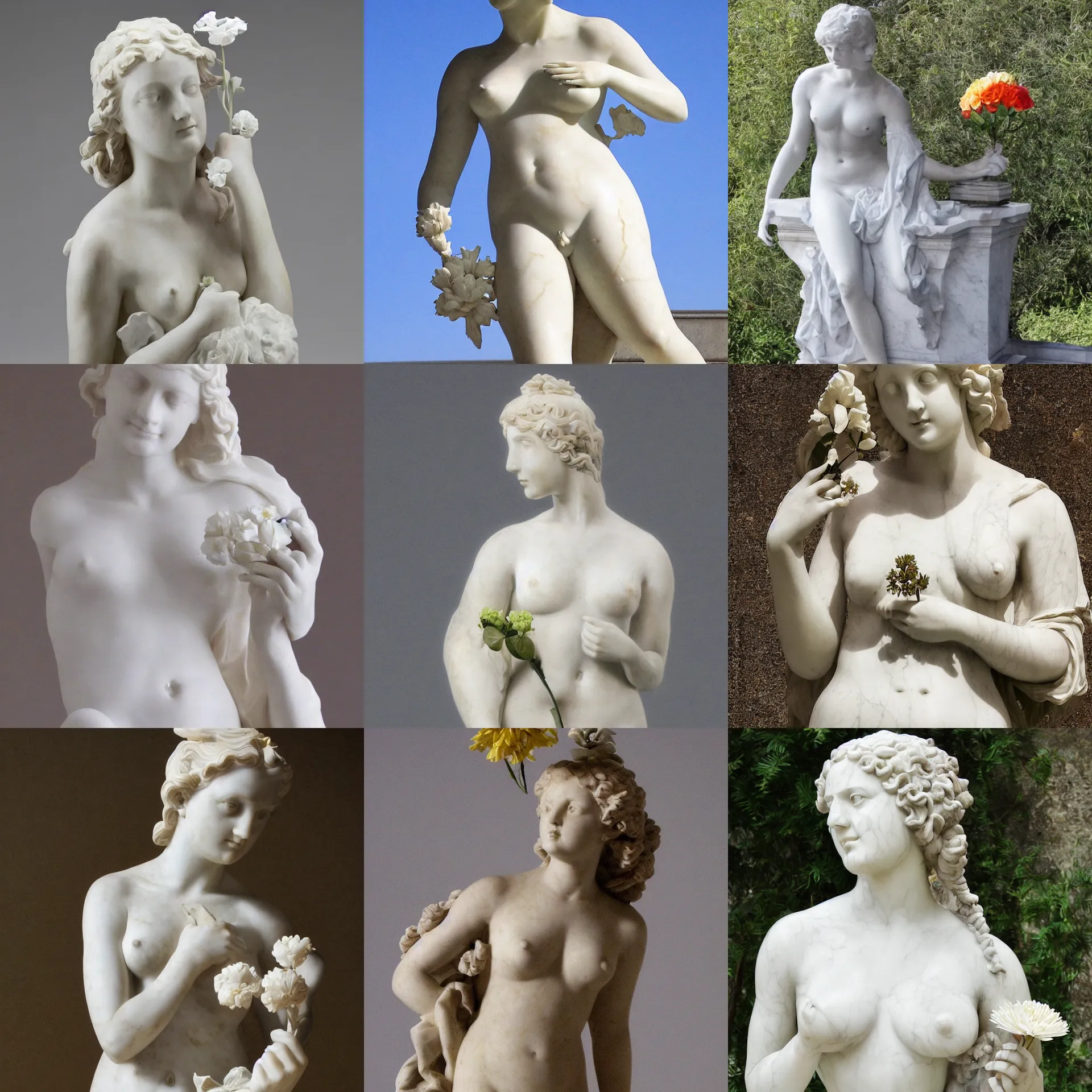 Prompt: a marble statue of a beautiful woman holding a flower, by rafaellle monti