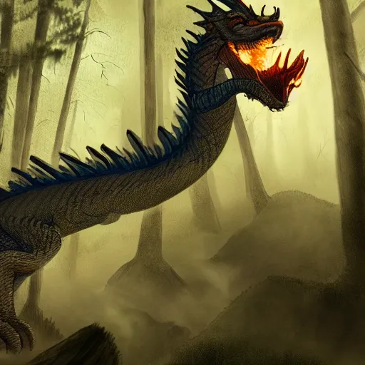 Prompt: a pencil sketch of a dragon breathing fire, forest background, highly detailed, cinematic shot, intricate, 8 k