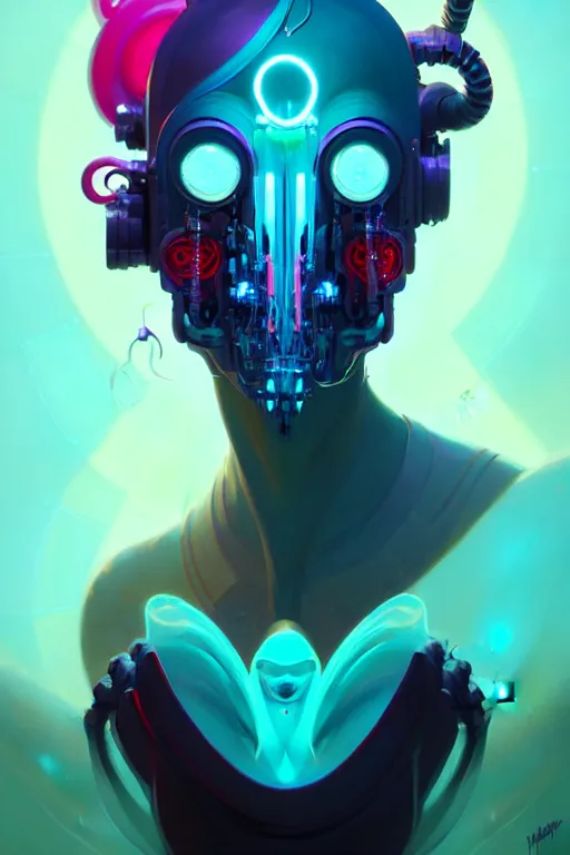 Image similar to portrait, biomechanical bioluminescent creature, cyberpunk, elegant baroque, asymmetrical art, colorful, vivid, imposing, epic, digital painting, artstation, concept art, by peter mohrbacher and wlop and rhads