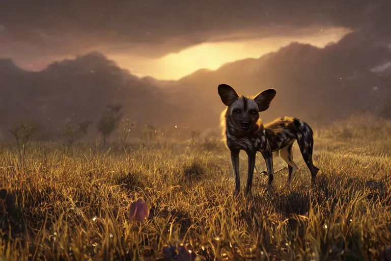 Prompt: an african wild dog on the african plains, long grass, sparkling water, glistening, hyper realistic, hyper detailed, digital art, trending in artstation, cinematic lighting, studio quality, smooth render, unreal engine 5 rendered, octane rendered, by paul lehr