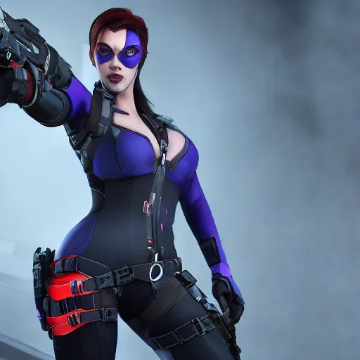 Image similar to scarlet johanson as widowmaker from overwatch, realistic, 4 k, coherent