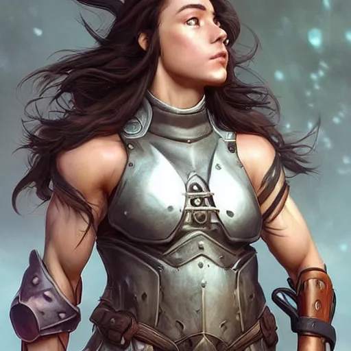 Image similar to “Tomboy Athletic Muscular woman student with dark long hair and rounded features, wears leather armor, D&D, fantasy, intricate, cinematic lighting, highly detailed, digital painting, artstation, concept art, smooth, sharp focus, illustration, art by Artgerm and Greg Rutkowski and Alphonse Mucha, picture from the waist up”