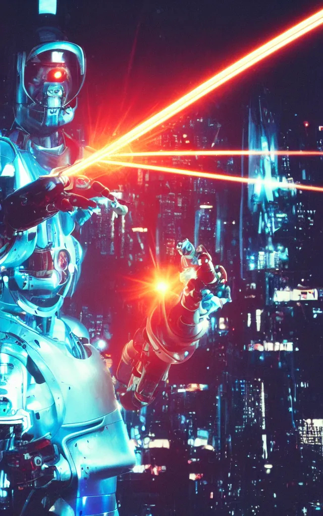 Image similar to Robotic Pope shooting bright lasers out of his hands, 80s, science fiction, cyberpunk, neon, low angle shot, cross, pope, movie poster, futuristic, pontifex