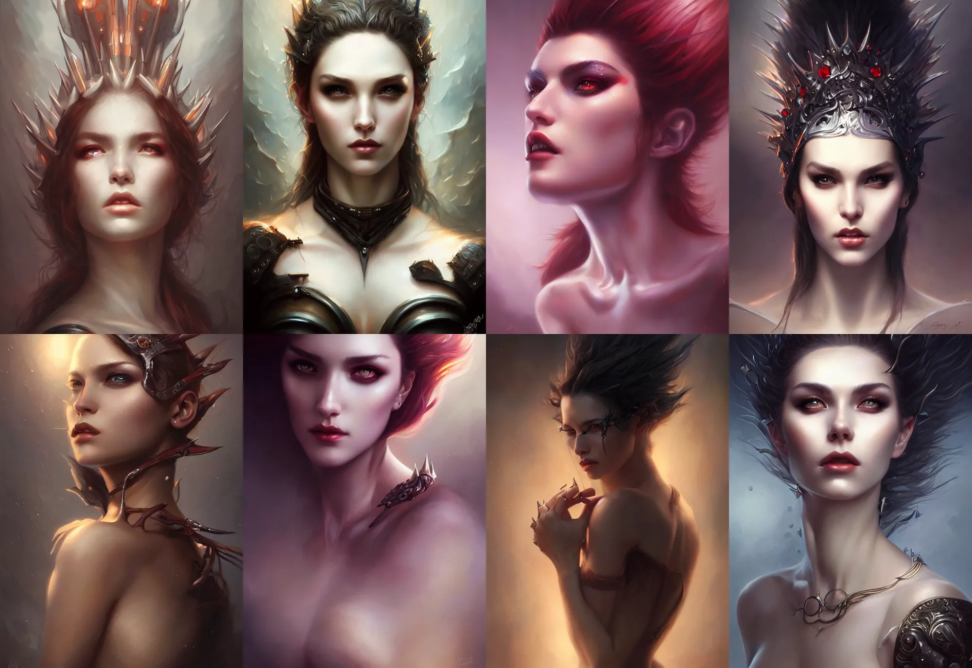 Prompt: a beautiful woman with facial spikes, painted by artgerm and tom bagshaw, fantasy art, dramatic lighting, highly detailed oil painting