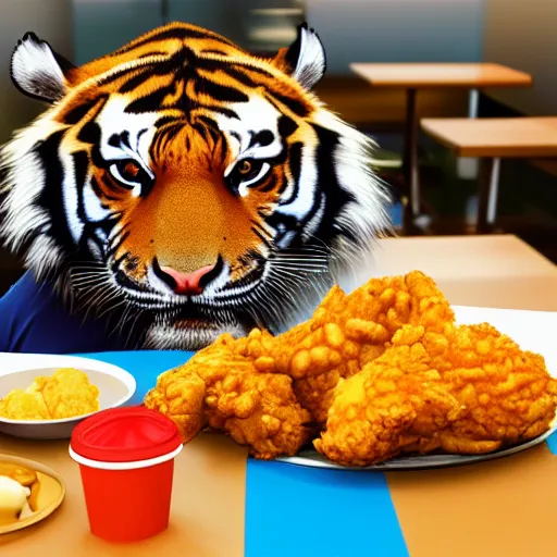 Image similar to A tiger eating fried chicken at KFC, 4k, detailed