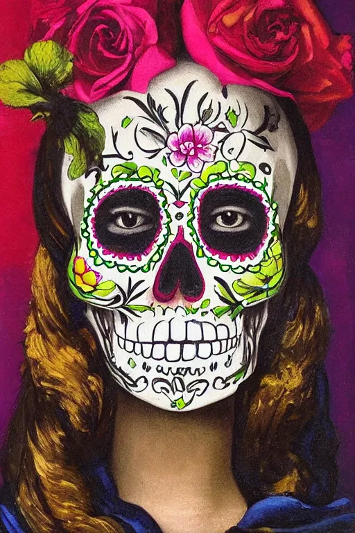 Prompt: illustration of a sugar skull day of the dead girl, art by johannes vermeer