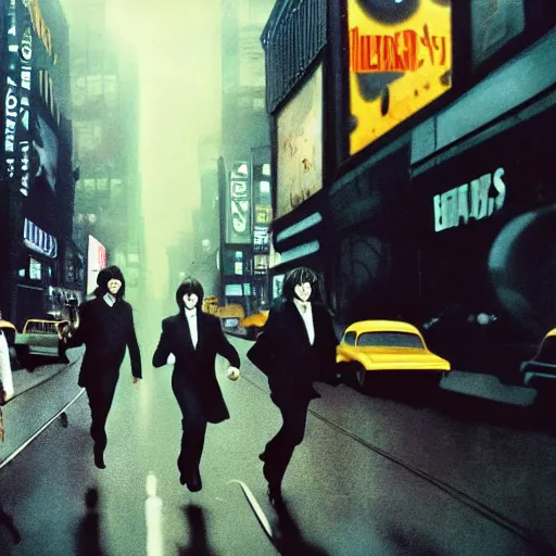 Prompt: the beatles on the run, blade runner film styling, 8 k higly detailed cinematic lighting, moma museum