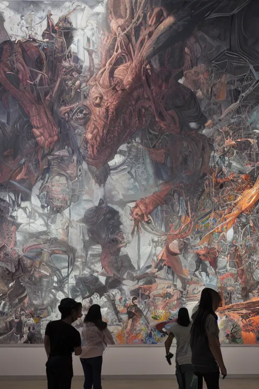 Prompt: people looking at a large graffiti painting in a contemporary museum, dark, intricate, highly detailed, smooth, artstation, digital illustration by moebius and james jean and Artgerm and yoshitaka Amano and Greg Rutkowski and Zdislav Beksinski