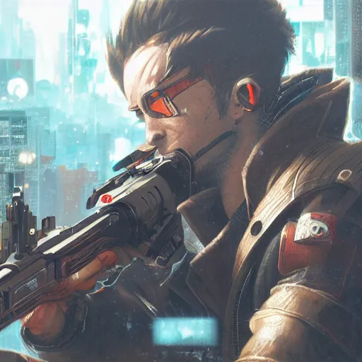 Prompt: close up illustration of a cyberpunk gunslinger pointing his gun shooting bullets, gungrave, anime, tri - gun, very detailed, 8 k, by greg rutkowski,