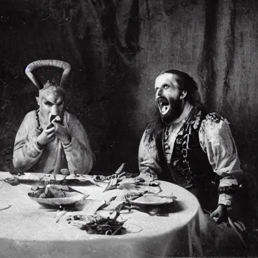 Image similar to an ultra real uhd 3 5 mm telephoto close up shot of a goat man snarling and growling and drooling over a half eaten rat at a banquet for a victorian king