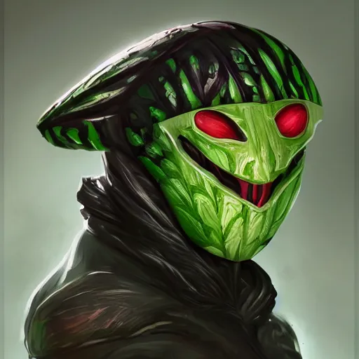 Prompt: a portrait of a watermelon symbiote, D&D, sci-fi, elegant, hopeful, muscular, highly detailed, digital painting, artstation, concept art, smooth, sharp focus, illustration