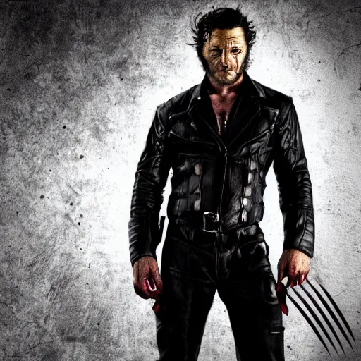 Image similar to Tom Hardy as wolverine in Black Damaged leather suit Digital art 4K quality