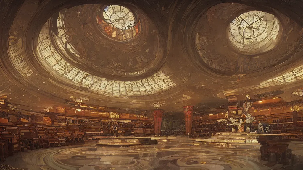 Prompt: a beautiful painting of the interior a round library designed by frank lloyd wright, at night with a sky full of stars, intricate, elegant, highly detailed, digital painting, artstation, concept art, by krenz cushart and artem demura and alphonse mucha