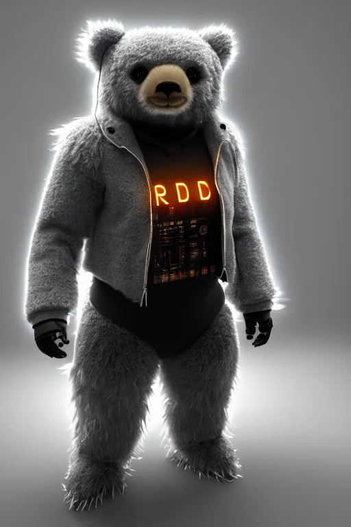 Image similar to high quality 3 d render very cute fluffy cyberpunk bear! plays electric guitar, cyberpunk highly detailed, unreal engine cinematic smooth, in the style of blade runner & detective pikachu, hannah yata charlie immer, moody light, low angle, uhd 8 k, sharp focus