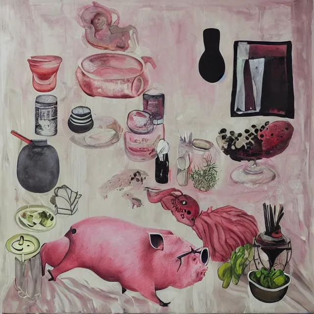 Image similar to “ a portrait in a female art student ’ s apartment, sensual, a pig theme, pork, bath, art supplies, surgical iv bag, octopus, ikebana, herbs, a candle dripping white wax, japanese pottery, squashed berries, berry juice drips, acrylic and spray paint and oilstick on canvas, surrealism, neoexpressionism ”