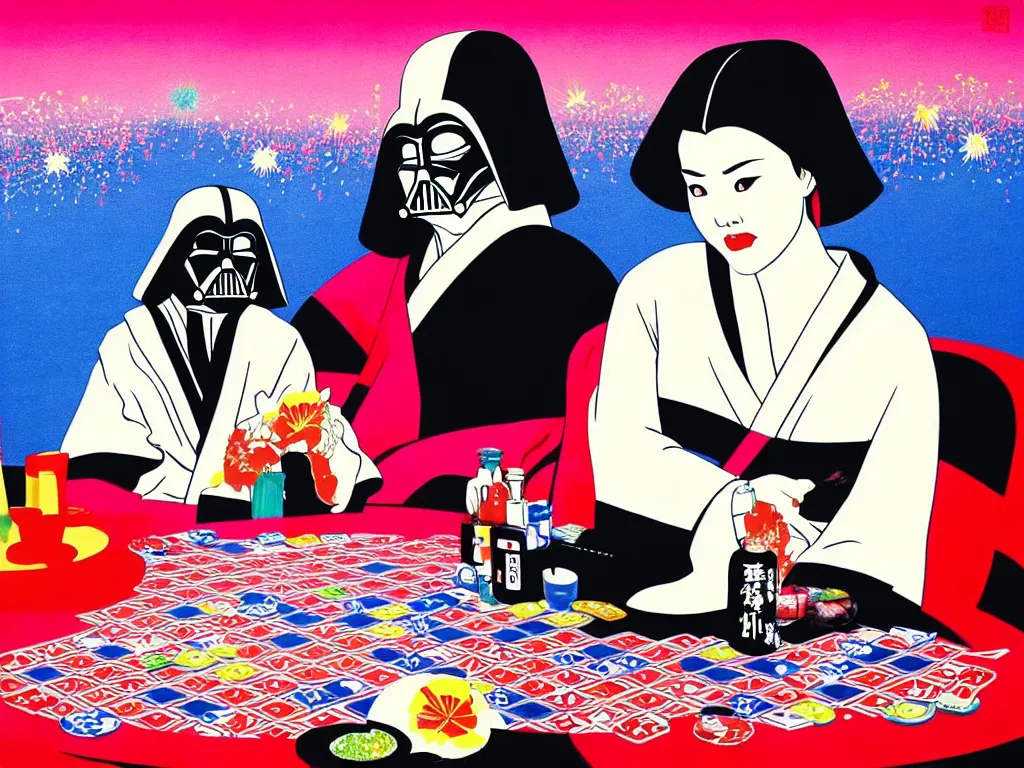 Image similar to hyperrealistic composition of the woman in a japanese kimono sitting at a poker table with darth vader, fireworks, mount fuji on the background, pop - art style, jacky tsai style, andy warhol style, acrylic on canvas