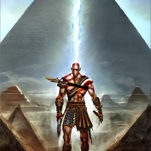 Image similar to kratos the god of war as an egyptian warrior, pharaoh, egypt, pyramids, by alex gray and android jones, karol bak, ayami kojima, amano, moebius, concept art, character design, fantasy, 3 d, 8 k resolution