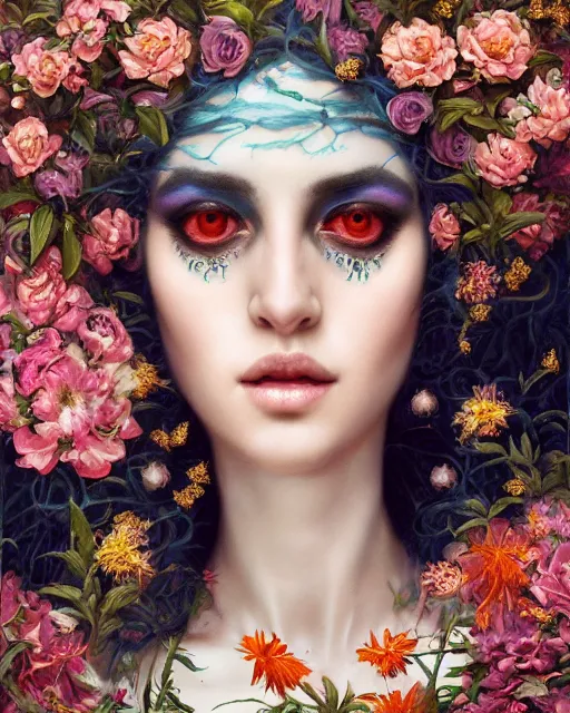 Image similar to portrait of the arabic queen of the underworld, surrounded by flowers by karol bak, james jean, tom bagshaw, rococo, sharp focus, trending on artstation, cinematic lighting, hyper realism, octane render, 8 k, hyper detailed.