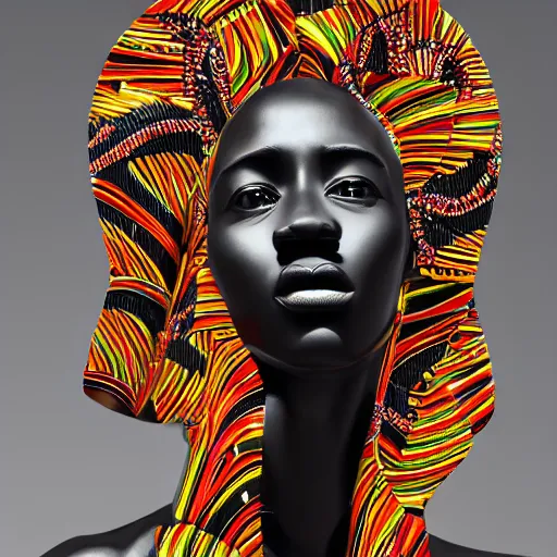 Image similar to masterpiece of a glossy black marble statue of an african girl with colorful african pattern logos in the background in the style of virgil abloh, very very beautiful, detailed, realistic carved marble statue, fine art, off white, heron preston, techno, rave, 8 k, 4 k, detailed, realistic, beautiful, symmetrical, vogue, paris, fashion