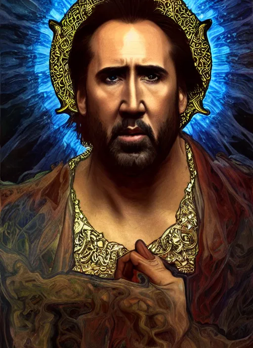 Image similar to Nicolas Cage as God of Hell, brutal, fantasy, intricate, elegant, highly detailed, digital painting, 4k, HDR, concept art, smooth, sharp focus, illustration, art by alphonse mucha,artgerm, H R Giger