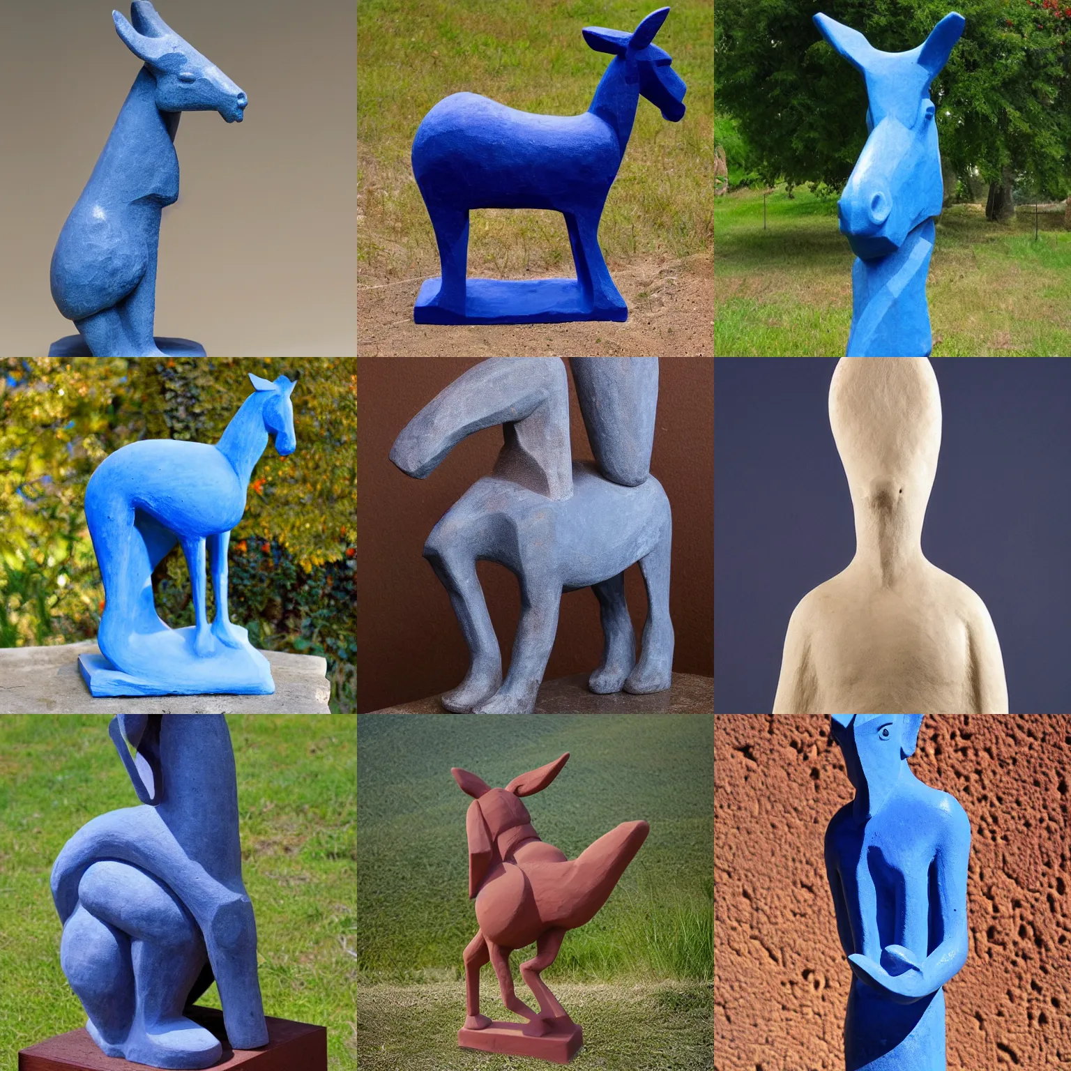 Prompt: cycladic sculpture of donkey!!!, full body, ultramarine blue and red iron oxide