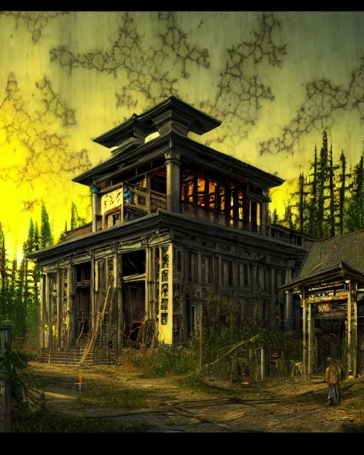 Prompt: a beautiful ultradetailed painting of shrine urbex building unfinished building by albrecht durer, vice city wilderness assassin's creed at dusk cyberpunk thermal imaging made of glass matte painting earth tron laser sunlight at dawn nightvision, archdaily, wallpaper, highly detailed, trending on artstation.