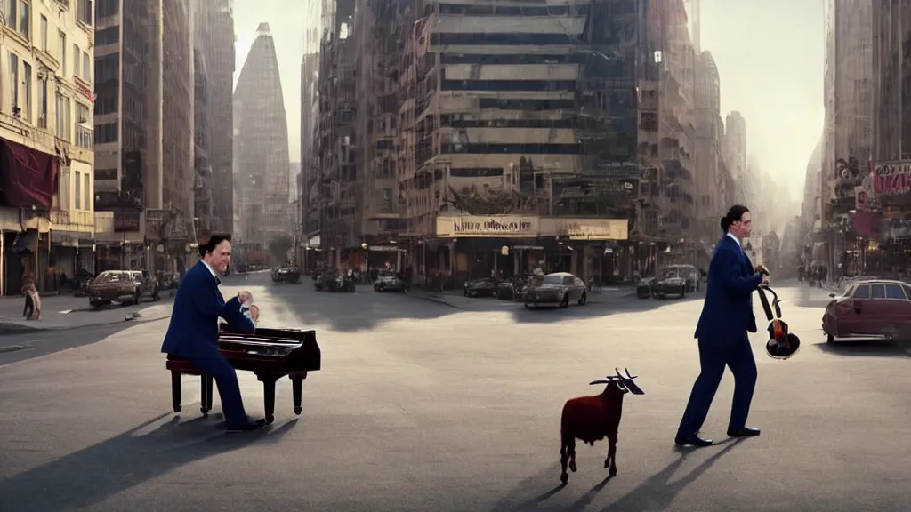 Prompt: a man in a suit wearing a goat mask playing a grand piano in the center of a busy street, morning glory light, film still from the movie directed by Denis Villeneuve with art direction by Salvador Dalí, wide lens