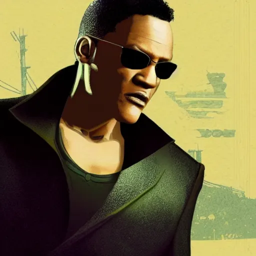 Prompt: Morpheus from the Matrix in GTA 5, cover art by Stephen Bliss, boxart, loading screen