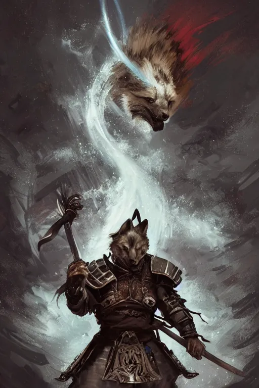 Prompt: Anthropomorphic Samurai Wolf, magic the gathering artwork, D&D, fantasy, cinematic lighting, centered, symmetrical, highly detailed, digital painting, artstation, concept art, smooth, sharp focus, illustration, volumetric lighting, epic Composition, 8k, art by Akihiko Yoshida and Greg Rutkowski and Craig Mullins, heroic pose, oil painting, cgsociety