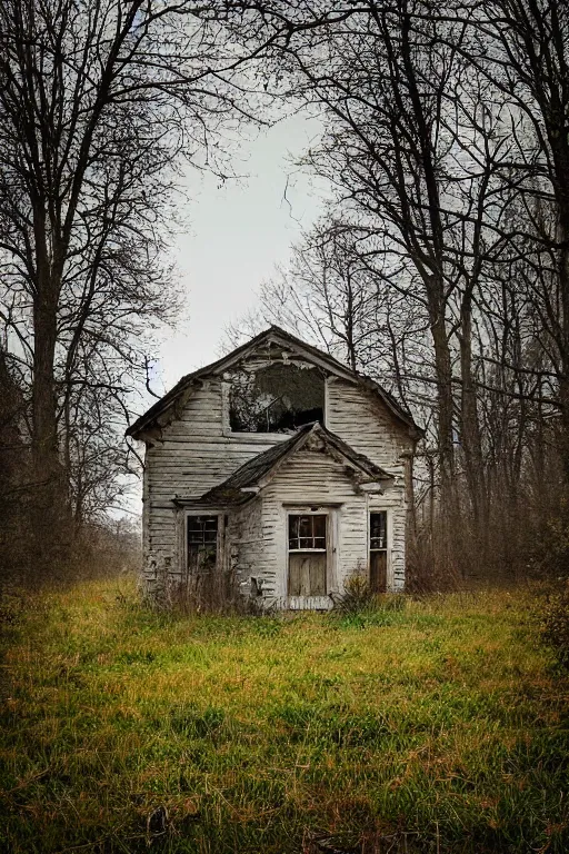 Prompt: orbs of light surround an abandoned cottage