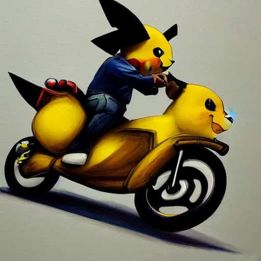 Image similar to pikachu riding motorcycle, nestor canavarro hyperrealist art style, sharp brushstrokes