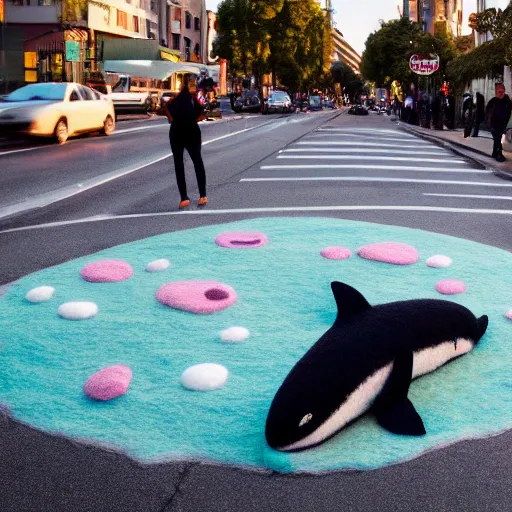 Image similar to photo of an enormous full sized needle - felted killer whale crossing a busy street golden hour