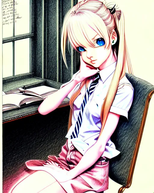 Image similar to young female prep school student with medium length bright blonde hair and pale skin, in an old study room, complex artistic color ink pen sketch illustration, subtle detailing, artwork by Artgerm and Range Murata.