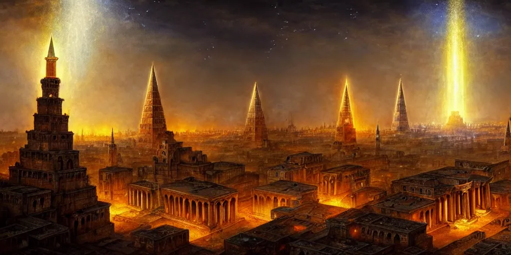 Image similar to magical city of the great tartarian empire adorned with amazing lost technology, lighting resembling fireflies, spires from rooftops collecting and distributing etheric energy, the centerpiece of the city is a colossal ancient pyramid made of metal, cityscape, combining intense detail & utmost quality, late 1 8 0 0 s photography christian hecker, artstation, - h 8 3 2