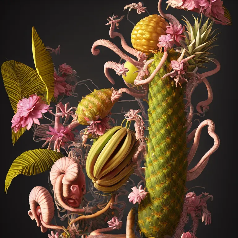 Prompt: still life of surreal alien pastel tropical flowers, surreal alien ribbed tropical fruit, white human spine, baroque painting, beautiful detailed intricate insanely detailed octane render, 8K artistic photography, photorealistic, chiaroscuro, Raphael, Caravaggio