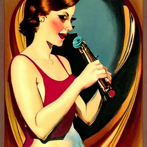 Image similar to art deco painting of a sultry young woman singing jazz in a club, style of norman rockwell, album art