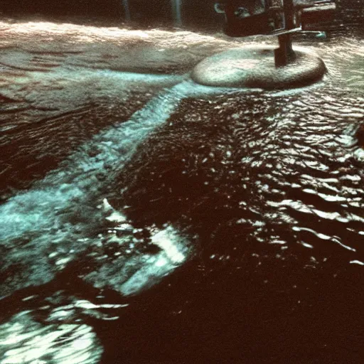 Image similar to grainy security cam footage still of Augustus Gloop in the chocolate river at Wonka's Chocolate Factory, extreme wide angle, far away