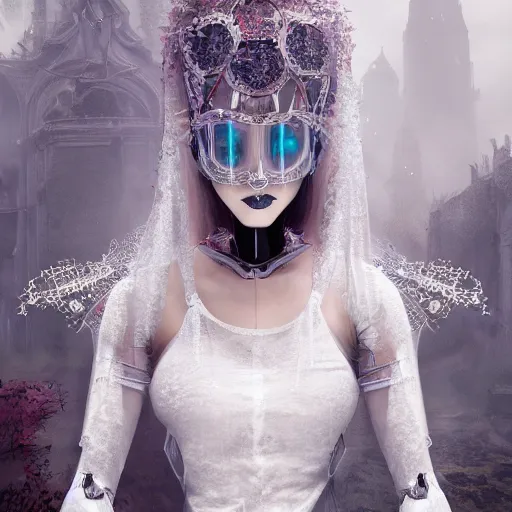 Prompt: female gothic robots with transparent head with mechanical brain, detailed glass face, sensual pose, dressed in white intricate lace, veils and jewels, epic environment, matte painting, diffused lighting, highly detailed, cinematic, epic atmosphere, digital art, trending on artstation, wide angle